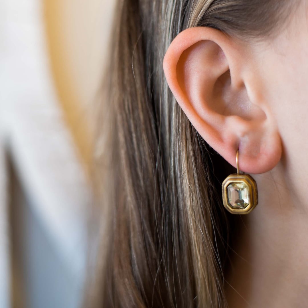 Boucles D'oreilles Vintage Oscar De La Renta - Pâte De Verre, Plaqué Or 24 Carats, 4 Cm, Occasion Bon état