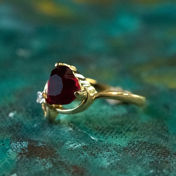 Vintage 18k Gold Ruby Heart Ring: Swarovski Cryst… - image 3
