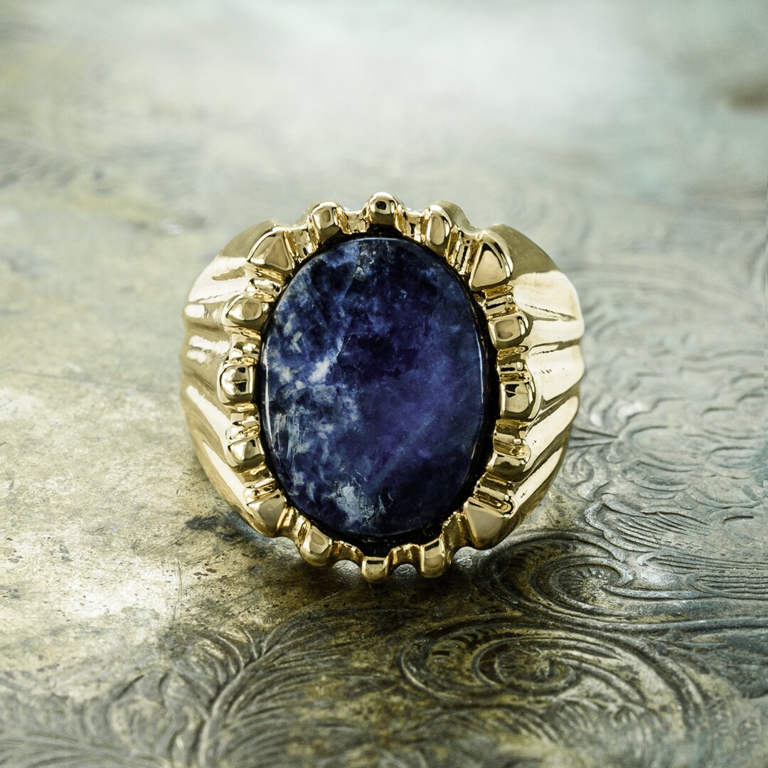 Vintage Ring 1980s Mens Genuine Sodalite 18kt Gold Plated Ring Unisex ...