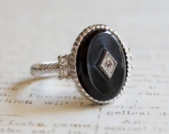 Vintage Womens Antique 1970's Onyx Ring Austrian Crystal Accent 18k White Gold Electroplated Rings USA Handmade Jewelry Victorian Style