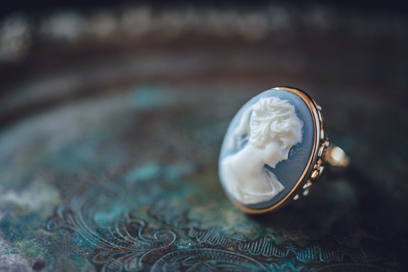 Vintage Light Blue Cameo 18k Yellow Gold Electroplated Cocktail Ring Handcrafted R1690 image 1