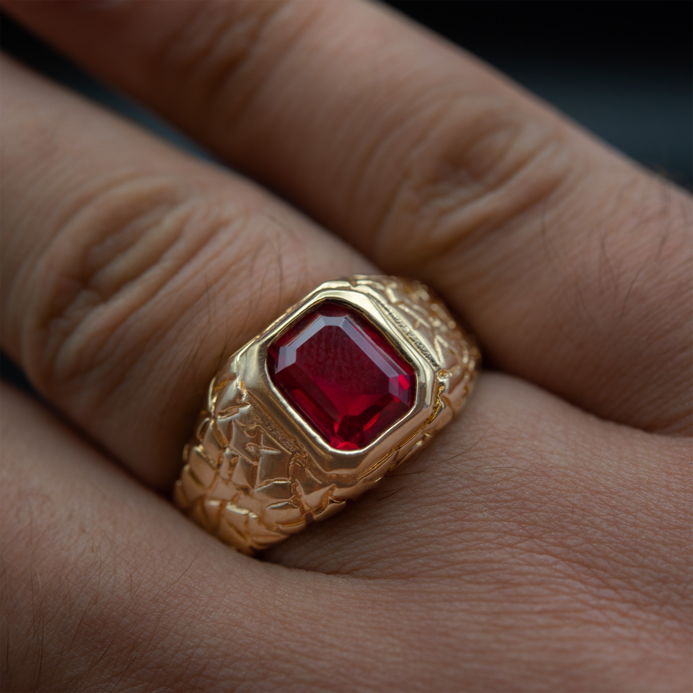 ヴィンテージ 18Kゴールドメッキ メンズリング：ルビー