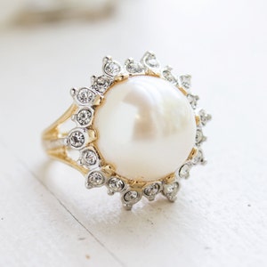 Vintage Ring 1970s Pearl Bead and Swarovski Crystal Ring 18k Gold  #R1782 - Limited Stock - Never Worn