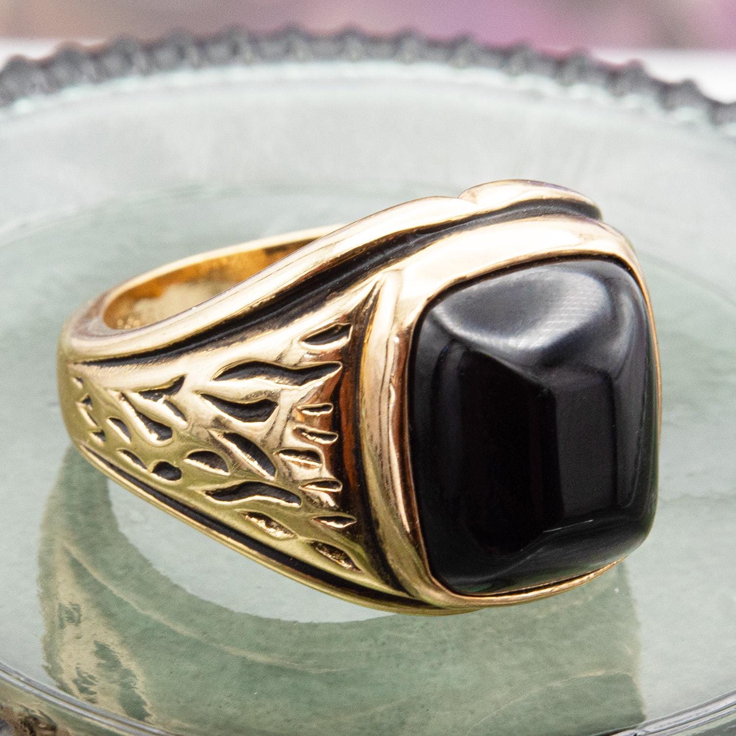 Vintage 18K Gold Electroplated Black Onyx Ring: 1980s Unisex