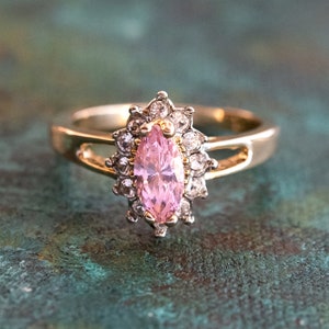 Vintage Ring Pink Tourmaline and Clear Swarovski Crystals 18kt Gold Antique Jewlery for Women #R1314 - Limited Stock - Never Worn