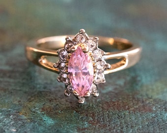 Vintage Ring Pink Tourmaline and Clear Swarovski Crystals 18kt Gold Antique Jewlery for Women #R1314 - Limited Stock - Never Worn