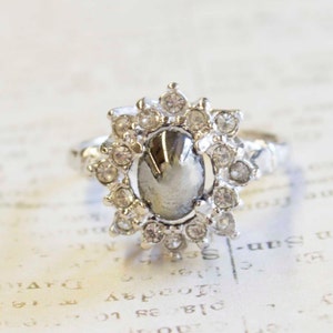 Vintage Hematite Cocktail Ring: Swarovski Crystals, 18k White Gold Plated