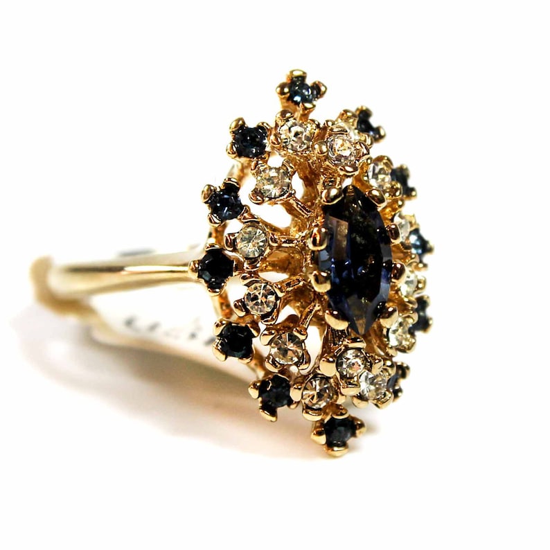 Vintage 18k Gold Sapphire Cocktail Ring: Victorian Swarovski Crystal Statement image 1