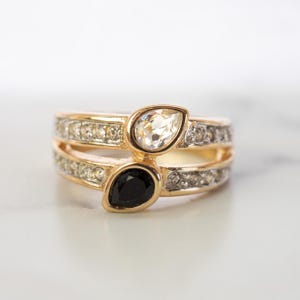Vintage Women&#39;s Ring Jet Black and Clear Crystal Cocktail Ring 18k Gold Electroplated - Antique Jewelry- Never Worn Women&#39;s Ring Vinage