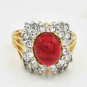 Vintage Women's Antique Ruby Cabachon Cocktail Ring 18k Gold Electroplate Victorian Austrian Crystal Rings Handmade Jewelry July Birthstone