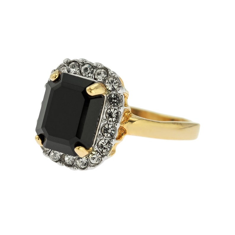 Vintage Ring Jewelry 18k Gold Black and Clear Swarovski Crystals Antique for Women Large Handmade Rings R1059 Limited Stock Never Worn image 6