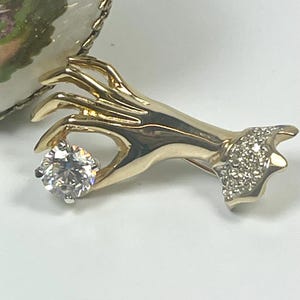 Victorian Hand Brooch: 18k Gold Electroplated Cubic Zirconia Pin