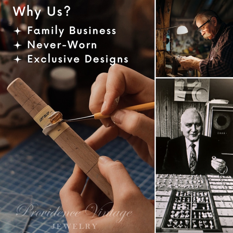 May include: A close-up of a hand using a small brush to apply gold paint to a silver ring. The ring is on a wooden dowel with markings. The background is a blue grid pattern. The text "Providence Vintage Jewelry" is at the bottom of the image.