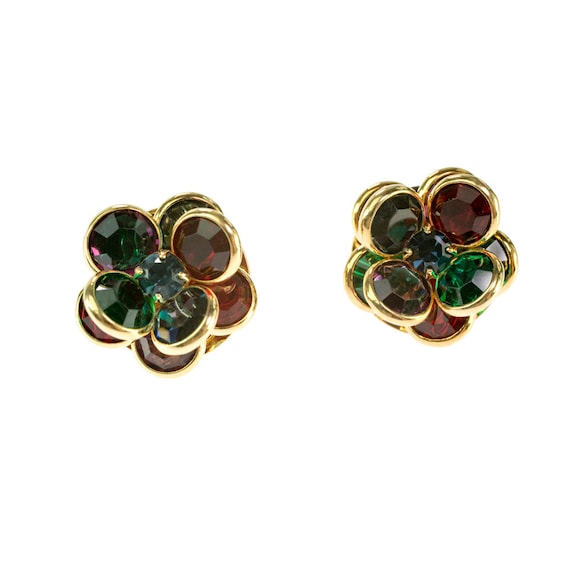 Vintage Flower Pierced Jewel Tone Crystal Earring… - image 3