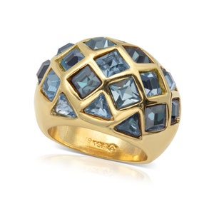 Vintage Ring Multi Colored Rainbow Style Austrian Crystals 18k Gold 1970s Era Antique for Women #R4012