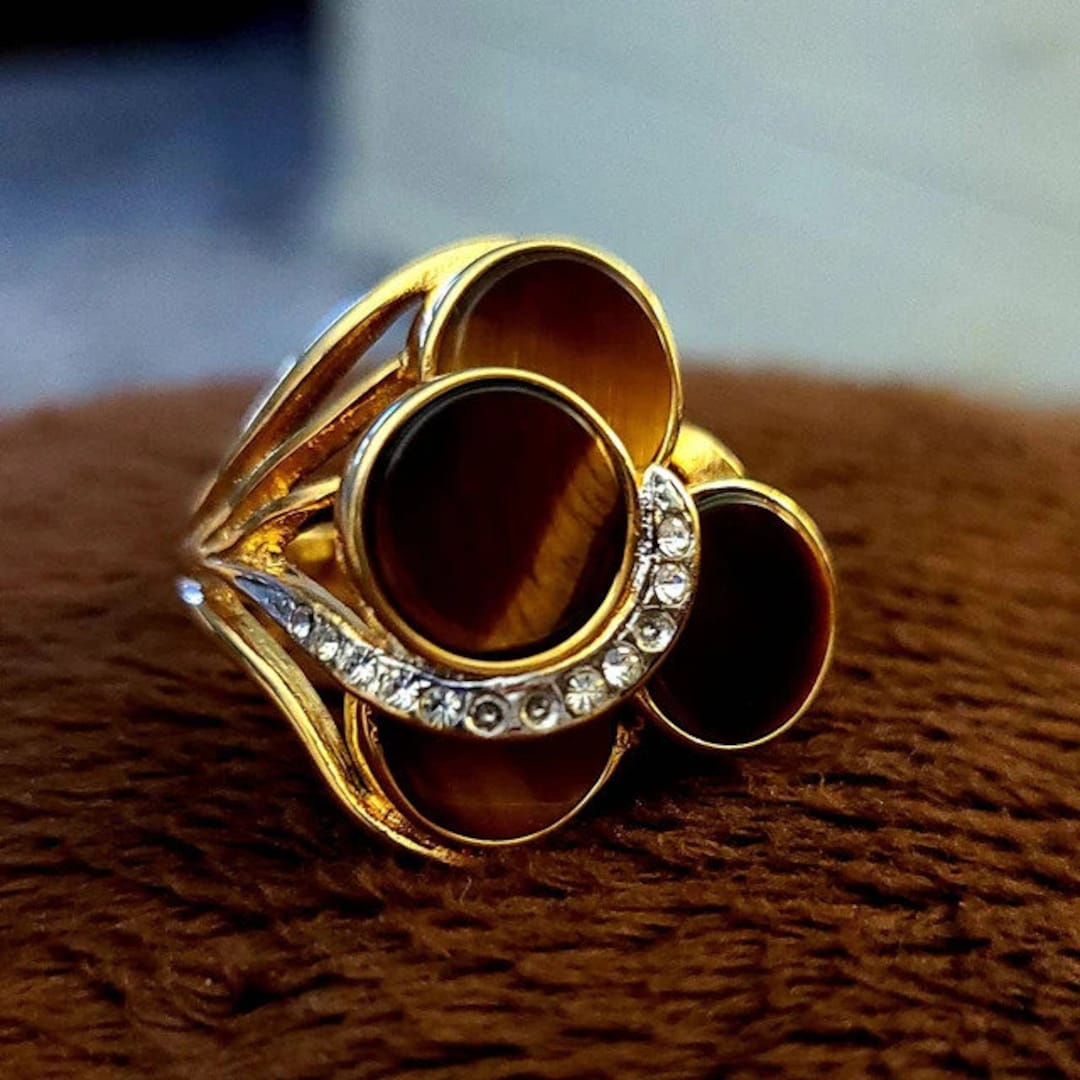 Vintage Tiger Eye Cocktail Ring: 18k Gold Plated, Austrian