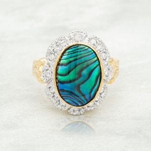 Genuine Blue Abalone Stone Ring Vintage 1970s 18k Yellow Gold Plated Clear Austrian Crystals Woman&#39;s Handmade Jewelry #R1730-GBAY Antique