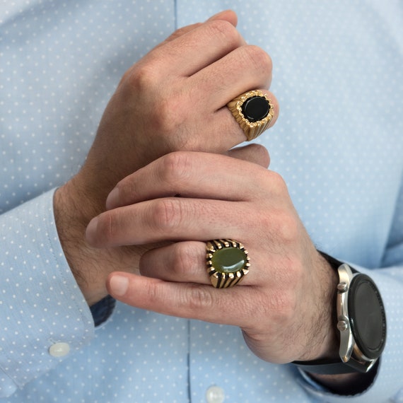 Vintage Ring 1980s Mens Genuine Tiger Eye 18kt Gold P… - Gem