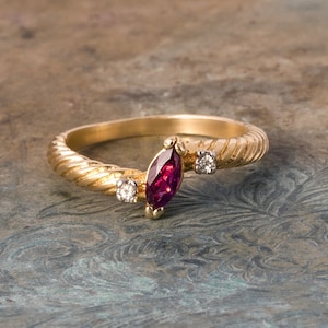 Vintage 18k Gold Electroplated Ring: Ruby Austrian Crystal Dainty Band Rope Twisted Minimal Stacking Jewelry Antique Small