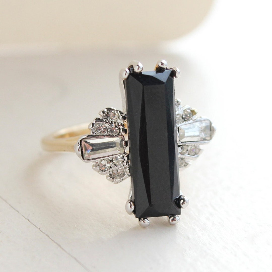 Bague vintage en cristal Swarovski noir et transparent, plaqué