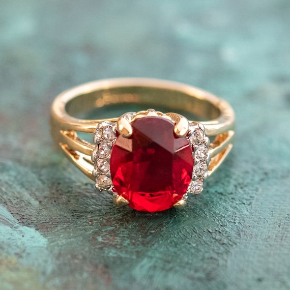 Vintage Ring 1980's Ruby Cubic Zirconia Ring with… - image 1
