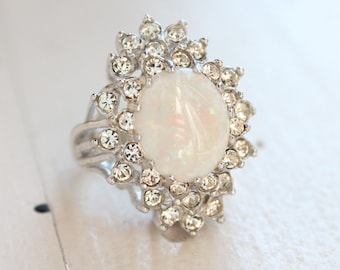 Vintage Womens Genuine Opal Cocktail Ring 18k Yellow Gold Electroplated October Birthstone Statement Rings Handmade Antique Jewelry