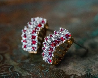 Vintage Earrings Ruby and Clear Swarovski Crystal Post Earrings E1753 Ruby Jewelry Handmade for Women - Limited Stock - Never Worn