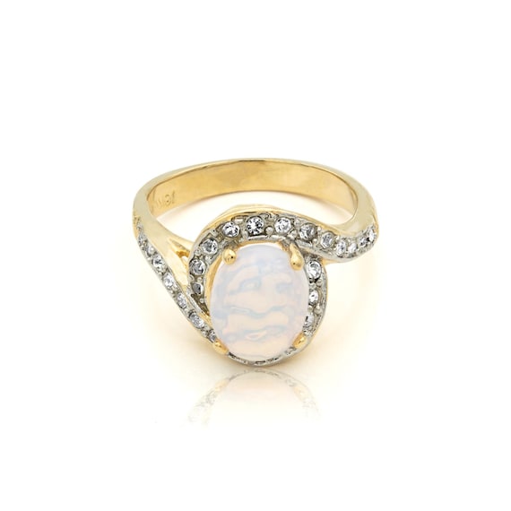 Vintage 18k Gold Electroplated Jelly Opal Ring with Swarovski Crystals