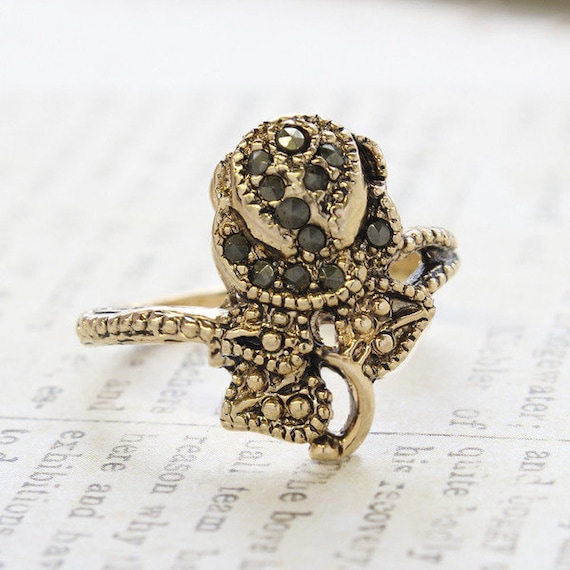 Vintage Ring Genuine Marcasite Rose Antique 18k G… - image 1