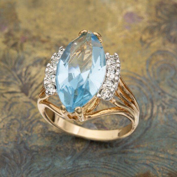 Anillo vintage de aguamarina con cristal marquesa en oro de 18 quilates chapado en oro joyeria