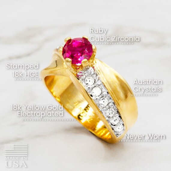 Vintage 18KT Gold Ruby Cubic Zirconia Ring: Solit… - image 4