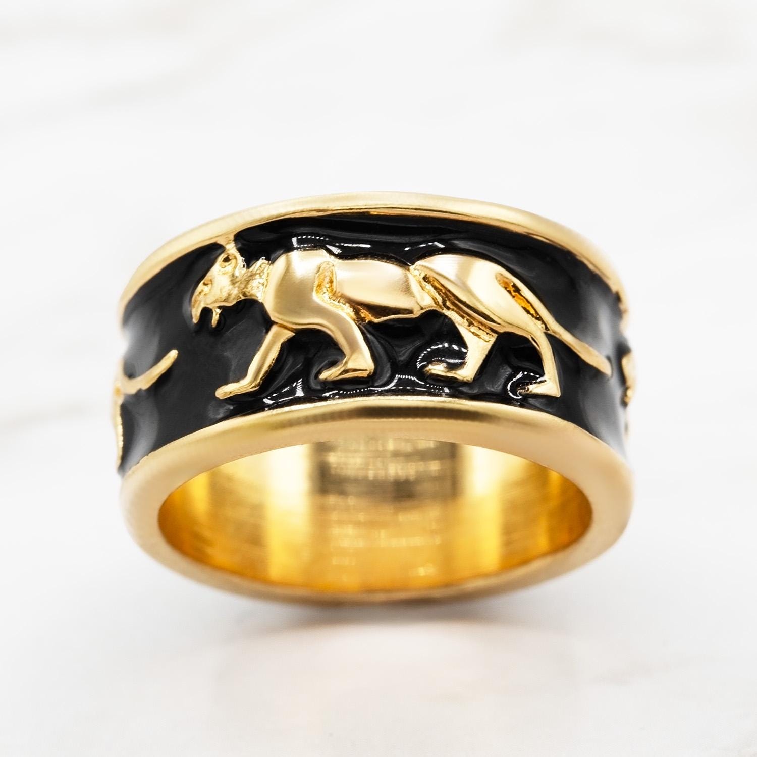 Vintage 18k Gold Electroplated Ring: Black Enamel Tiger