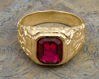Bague vintage des années 1980 pour homme, cristal rubis, plaqué or 18 carats antique pour homme # R6004 - Stock limité - Jamais portée