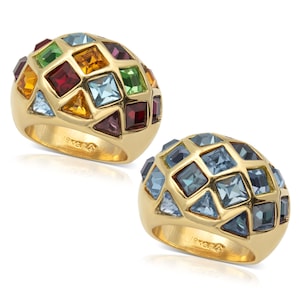 Vintage Ring Multi Colored Rainbow Style Austrian Crystals 18k Gold 1970s Era Antique for Women #R4012