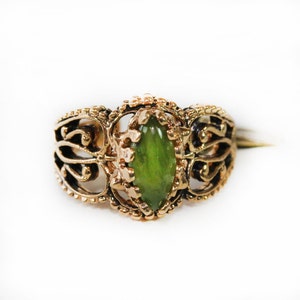 Vintage Ring Edwardian Style Antiqued 18k Yellow Gold Electroplated Filigree Ring Genuine Jade #R144