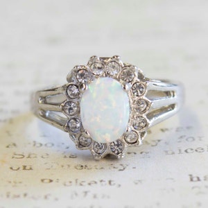 Vintage Ring 1970s Faux Capris Opal and Swarovski Crystals 18k White Gold Silver Ring Clear #R1353 - Limited Stock - Never Worn