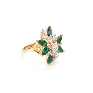 Vintage 18k Gold Electroplated Ring: Emerald & Crystal Cluster, 1970s Jewelry