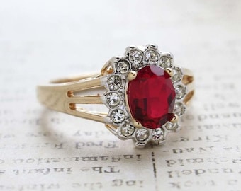 Vintage Ring Ruby and Clear Swarovski Crystal Ring 18k Gold Antique Womans Ring Victorian Handmade Small R1353 - Limited Stock - Never Worn