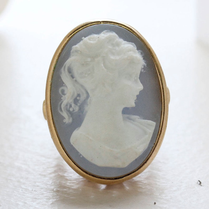 Vintage Light Blue Cameo 18k Yellow Gold Electroplated Cocktail Ring Handcrafted R1690 image 3