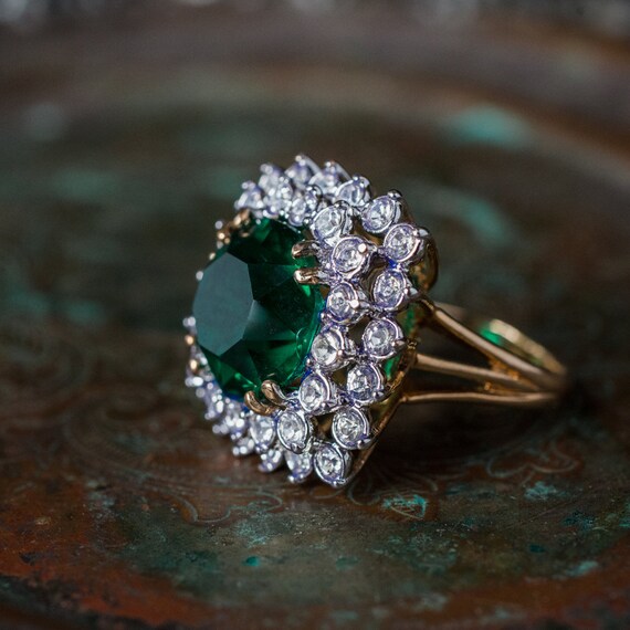 Vintage Ring Emerald Clear Swarovski Crystal Cock… - image 2