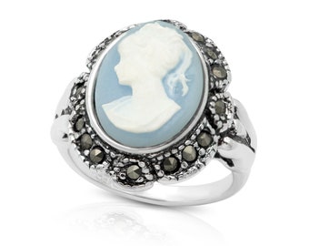 Vintage 18k Gold Plated Cameo Ring: Marcasite Costume Jewelry