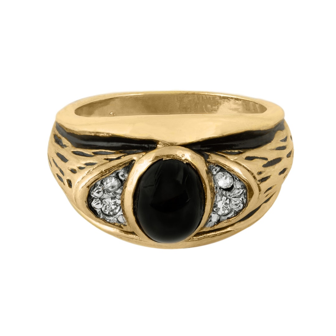 Vintage Ring 1980s Mens Onyx and Austrian Crystal 18kt Gold Plated ...