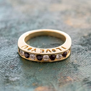 Vintage Ring 1980s I Love You Ring Band Ring Garnet Clear Swarovski Crystals Imported Antique Womans Promise Ring