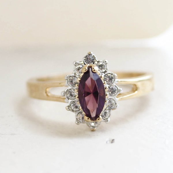 Vintage Womans Antique Amethyst Austrian Crystal Ring 18kt Gold Electroplated USA Handmade Jewelry Marquise Cut February Birthstone Rings