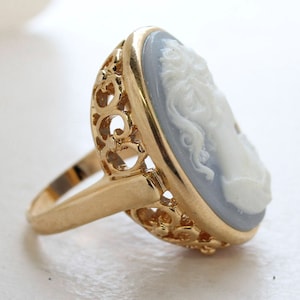 Vintage Light Blue Cameo 18k Yellow Gold Electroplated Cocktail Ring Handcrafted R1690 image 4