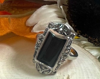 Womens Vintage Antique Ring Genuine Onyx and Marcasite Antiqued 18k White Gold Electroplated Ring for Women Antique White Gold Art Deco