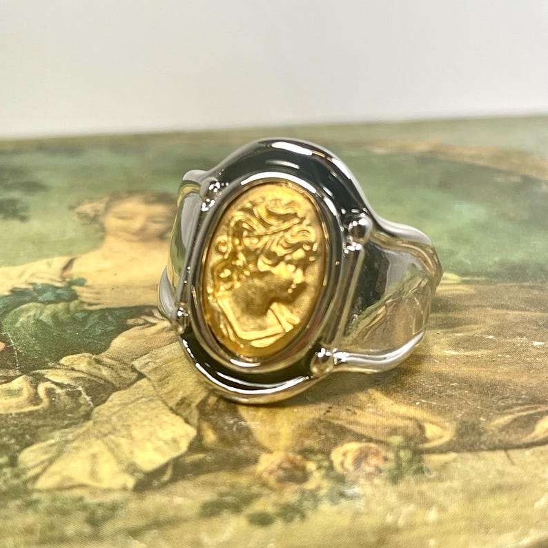 Vintage Womens White and Yellow Gold Cameo 18k Gold Electroplated Ring