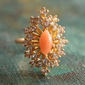Vintage Coral Cocktail Ring with Swarovski Crystals, 18k Gold Plated, Size 4