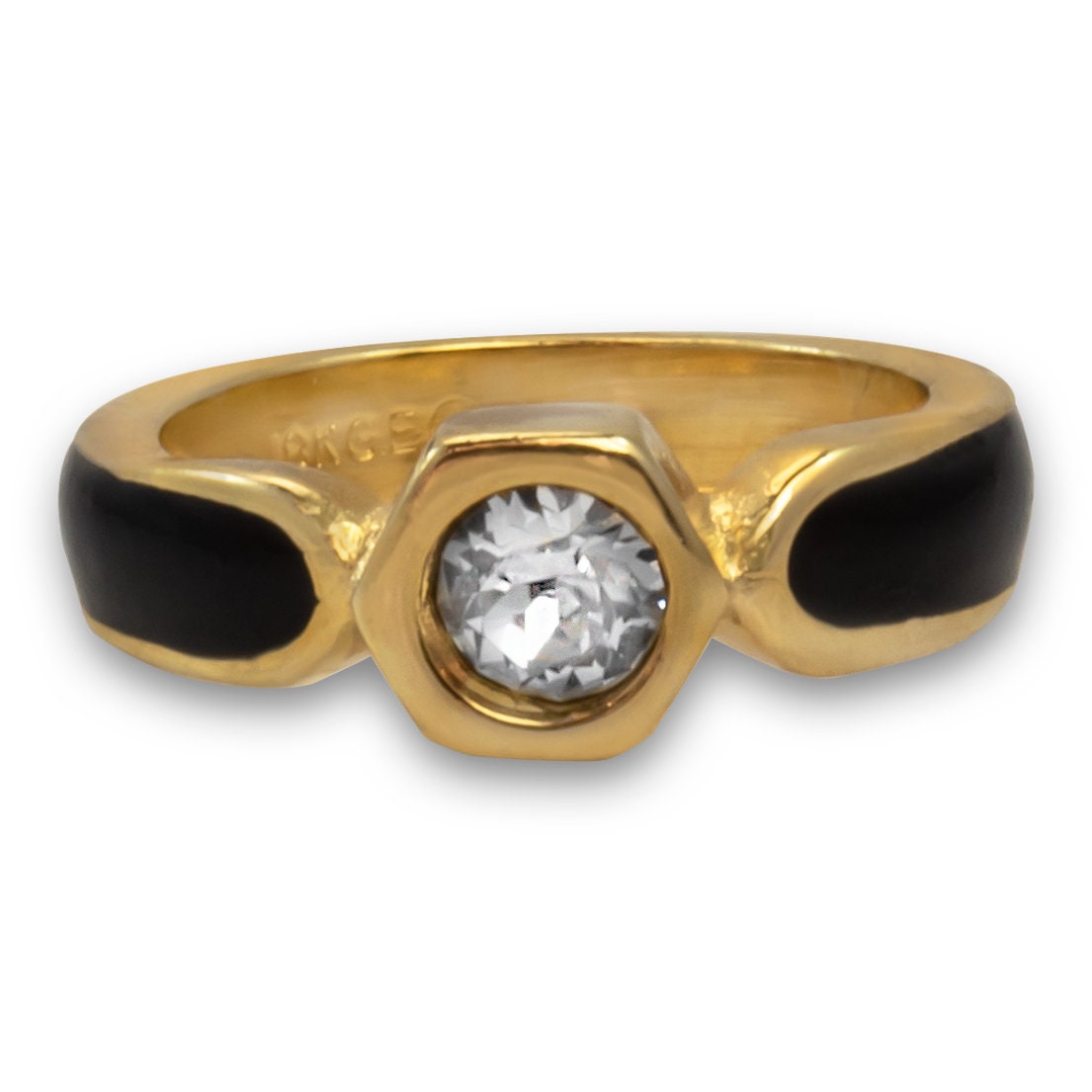 Womens Vintage 1980s Austrian Crystal Ring Black Enamel 18k Gold ...