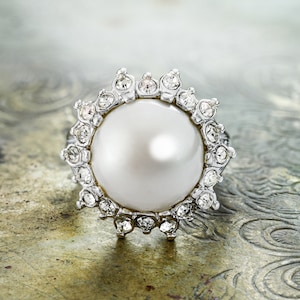 Vintage Pearl Ring: 1970s Swarovski Crystal, 18k HGE